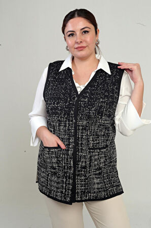 Kadın Önü Metal Düğmeli Celi Kazayağı Desenli Büyük Beden Kısa Triko Yelek