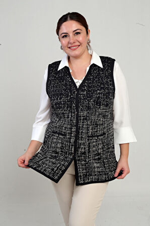 Kadın Önü Metal Düğmeli Celi Kazayağı Desenli Büyük Beden Kısa Triko Yelek