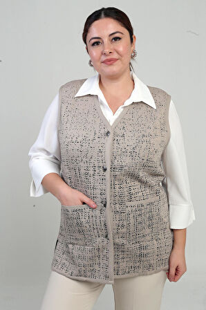 Kadın Önü Metal Düğmeli Celi Kazayağı Desenli Büyük Beden Kısa Triko Yelek
