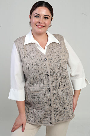 Kadın Önü Metal Düğmeli Celi Kazayağı Desenli Büyük Beden Kısa Triko Yelek