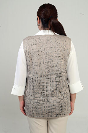 Kadın Önü Metal Düğmeli Celi Kazayağı Desenli Büyük Beden Kısa Triko Yelek