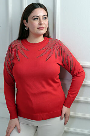 Kadın Omuzları Taş Baskılı Büyük Beden Triko Bluz