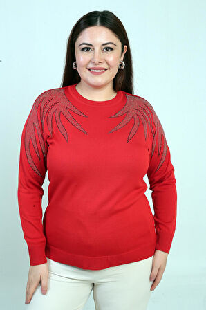 Kadın Omuzları Taş Baskılı Büyük Beden Triko Bluz