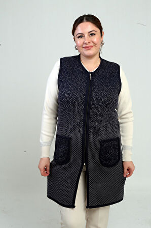 Kadın Önü Fermuarlı Artı Desenli Cepli Büyük Beden Uzun Hırka