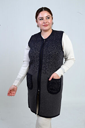 Kadın Önü Fermuarlı Artı Desenli Cepli Büyük Beden Uzun Hırka