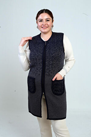 Kadın Önü Fermuarlı Artı Desenli Cepli Büyük Beden Uzun Hırka