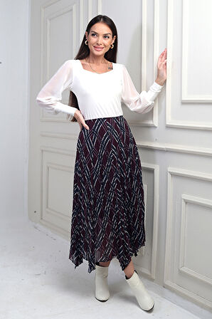 Kadın Beli Lastikli Astarlı Ekoseli Kraşlı Üçgen Midi Etek