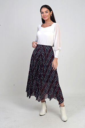 Kadın Beli Lastikli Astarlı Ekoseli Kraşlı Üçgen Midi Etek