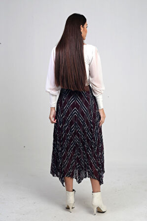 Kadın Beli Lastikli Astarlı Ekoseli Kraşlı Üçgen Midi Etek