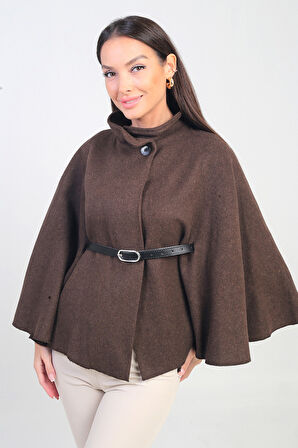 Kadın Düğmeli Beli Kemerli Kaşe Panço