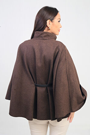 Kadın Düğmeli Beli Kemerli Kaşe Panço