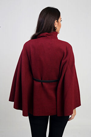 Kadın Düğmeli Beli Kemerli Kaşe Panço