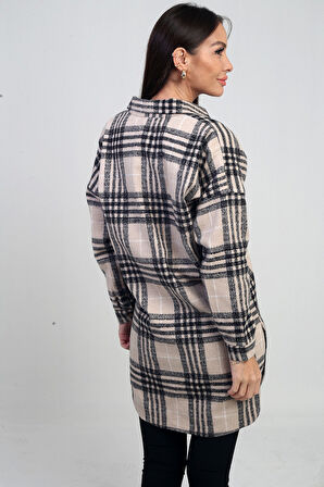 Kadın Yanları Yırtmaçlı Ekose Uzun Gömlek
