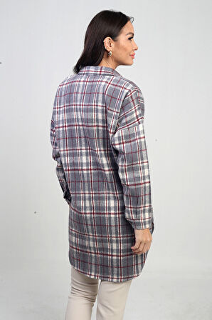 Kadın Yanları Yırtmaçlı Ekose Uzun Gömlek