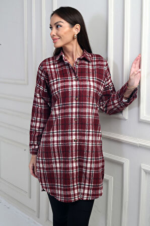 Kadın Yanları Yırtmaçlı Ekose Uzun Gömlek