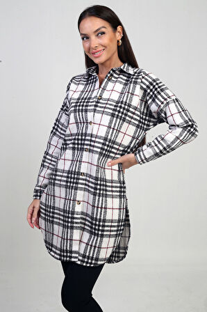 Kadın Yanları Yırtmaçlı Ekose Uzun Gömlek