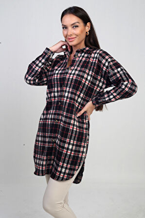 Kadın Yanları Yırtmaçlı Ekose Uzun Gömlek