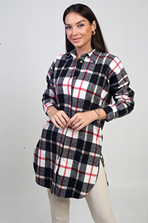 Kadın Yanları Yırtmaçlı Ekose Uzun Gömlek