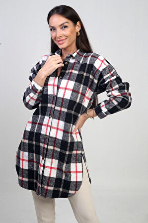 Kadın Yanları Yırtmaçlı Ekose Uzun Gömlek