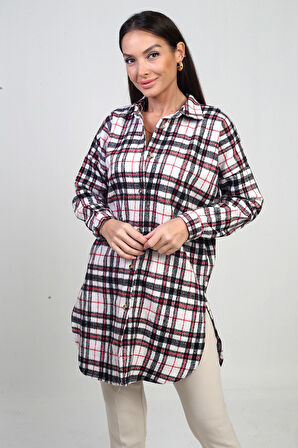 Kadın Yanları Yırtmaçlı Ekose Uzun Gömlek