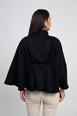 Kadın Tek Düğmeli Beli Kemerli Kaşe Panço