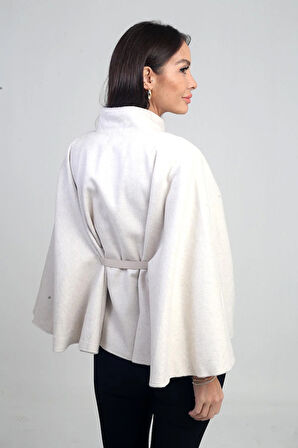 Kadın Tek Düğmeli Beli Kemerli Kaşe Panço