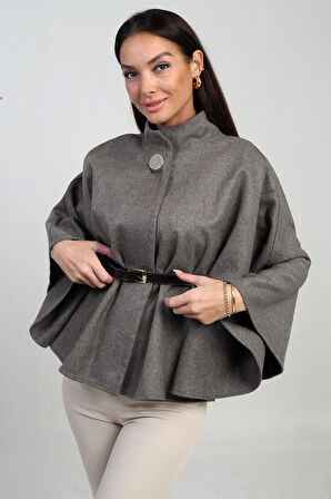 Kadın Tek Düğmeli Beli Kemerli Kaşe Panço