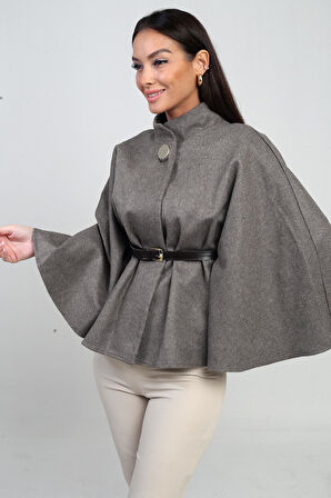 Kadın Tek Düğmeli Beli Kemerli Kaşe Panço