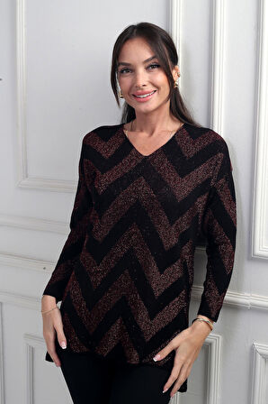 Kadın V Yaka Zikzak Desenli Geniş Beden Aralıklı Simli Bluz