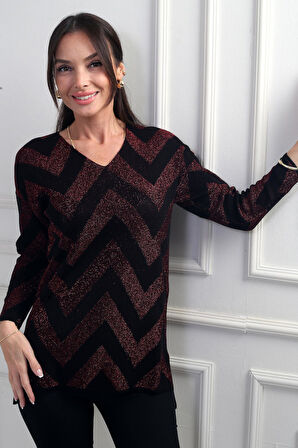 Kadın V Yaka Zikzak Desenli Geniş Beden Aralıklı Simli Bluz