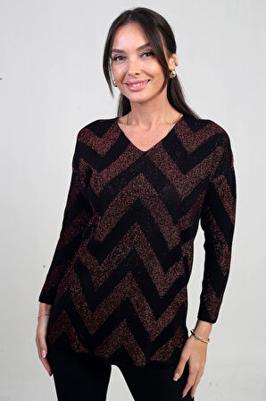 Kadın V Yaka Zikzak Desenli Geniş Beden Aralıklı Simli Bluz