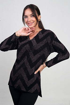 Kadın V Yaka Zikzak Desenli Geniş Beden Aralıklı Simli Bluz