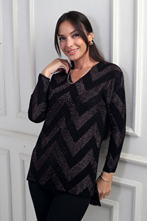 Kadın V Yaka Zikzak Desenli Geniş Beden Aralıklı Simli Bluz