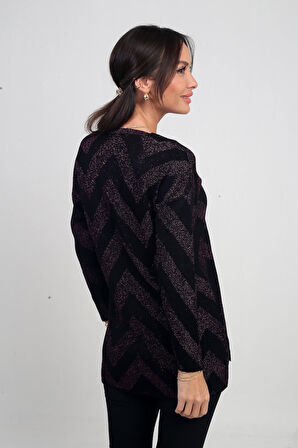 Kadın V Yaka Zikzak Desenli Geniş Beden Aralıklı Simli Bluz