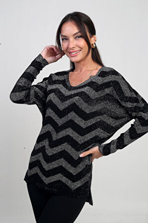 Kadın V Yaka Zikzak Desenli Geniş Beden Aralıklı Simli Bluz