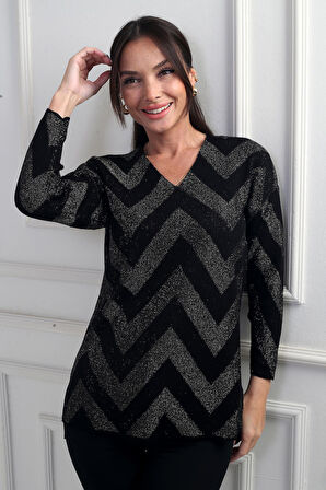 Kadın V Yaka Zikzak Desenli Geniş Beden Aralıklı Simli Bluz