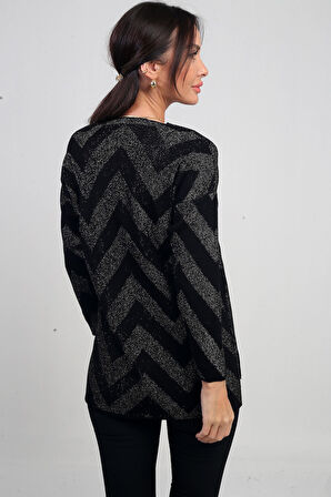 Kadın V Yaka Zikzak Desenli Geniş Beden Aralıklı Simli Bluz