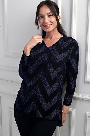 Kadın V Yaka Zikzak Desenli Geniş Beden Aralıklı Simli Bluz