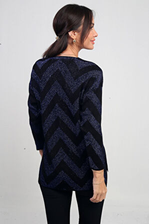Kadın V Yaka Zikzak Desenli Geniş Beden Aralıklı Simli Bluz