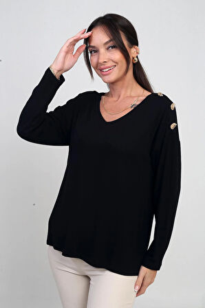 Kadın V Yaka Omuzu Düğmeli Likralı Çilek Bluz