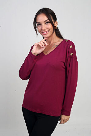 Kadın V Yaka Omuzu Düğmeli Likralı Çilek Bluz