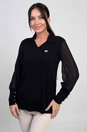 Kadın Şifon Kollu Düğme Detaylı Likralı Çilek Bluz