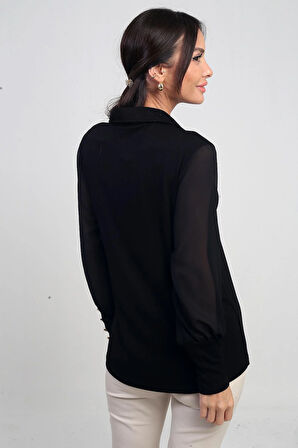 Kadın Şifon Kollu Düğme Detaylı Likralı Çilek Bluz