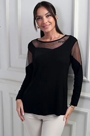 Kadın Asimetrik Deri Detaylı Tüllü Likralı Çilek Bluz