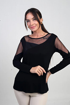 Kadın Asimetrik Deri Detaylı Tüllü Likralı Çilek Bluz