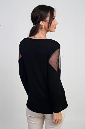 Kadın Asimetrik Deri Detaylı Tüllü Likralı Çilek Bluz