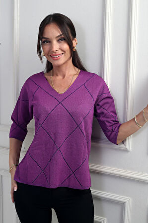 Kadın V Yaka Baklava Desenli Yarım Kol Simli Bluz