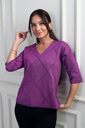 Kadın V Yaka Baklava Desenli Yarım Kol Simli Bluz