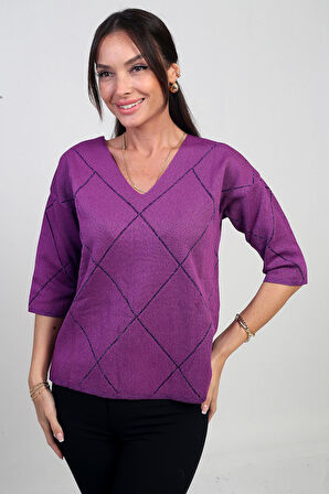 Kadın V Yaka Baklava Desenli Yarım Kol Simli Bluz