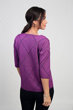 Kadın V Yaka Baklava Desenli Yarım Kol Simli Bluz